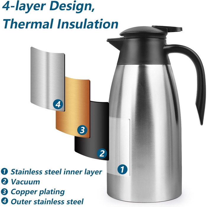 2 Liter Thermos Flask, 304 Stainless Steel Insulated Flask, Coffee Pot Thermo Double-Walled Vacuum, Tea Pot 24 Hour Heat Retention, Thermos Flask for Coffee, Tea, Water, Drink, Keep Warm Flask