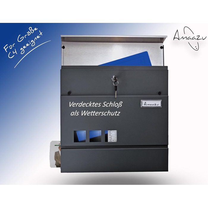 Поштовий ящик антрацит з нержавіючої сталі, з вікном та табличкою для імені, відділення для газет, замок з 2 ключами, настінний поштовий ящик RAL 7016, великий розмір