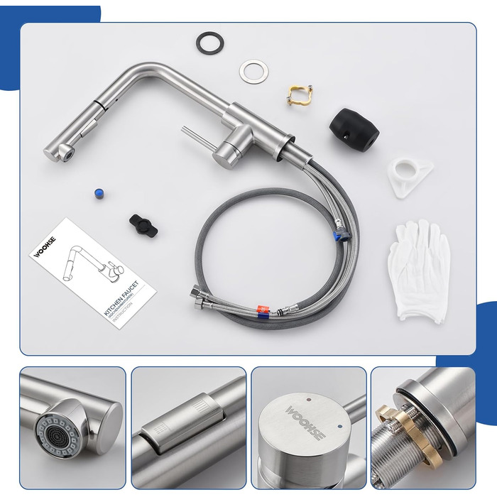 Висувна кухонна змішувач з душем, 360° поворот, нержавіюча сталь, 2 режими струменя, кухонна змішувач преміум-класу, сріблястого кольору