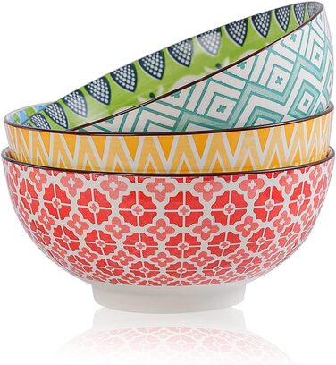 Набір салатників та супових мисок з порцеляни 3 шт. 1.45 л - 20 см, кольорові, для салату, супу, пасти, безпечні для мікрохвильовки та посудомийної машини