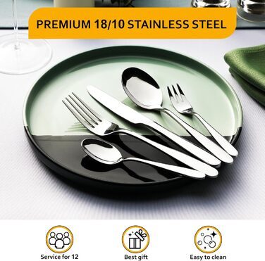 Velaze Cutlery Set 12 People, 60-Piece Stainless Steel Cutlery Set, Cutlery Set with 12 * Dinner Knives/Forks/Cake Forks/Spoons/Coffee Spoons, Polished Cutlery Dishwasher Safe