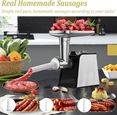 Електрична м'ясорубка з насадкою для ковбас, 3 в 1, нержавіюча сталь - професійна м'ясорубка та машина для ковбас з 3 насадками, 2 формами для фрикадельок, 2 лезами з нержавіючої сталі та 3 дисками для фаршу