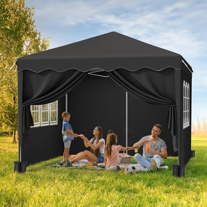 3x3 Gazebo, Waterproof Folding Gazebo Stable, Winter-Proof, UV Protection 50+, 3x3 Folding Gazebo with 4 Side Panels, Adjustable Height Garden Gazebo, Foldable Pavilion Tent for Camping, Parties (Black)