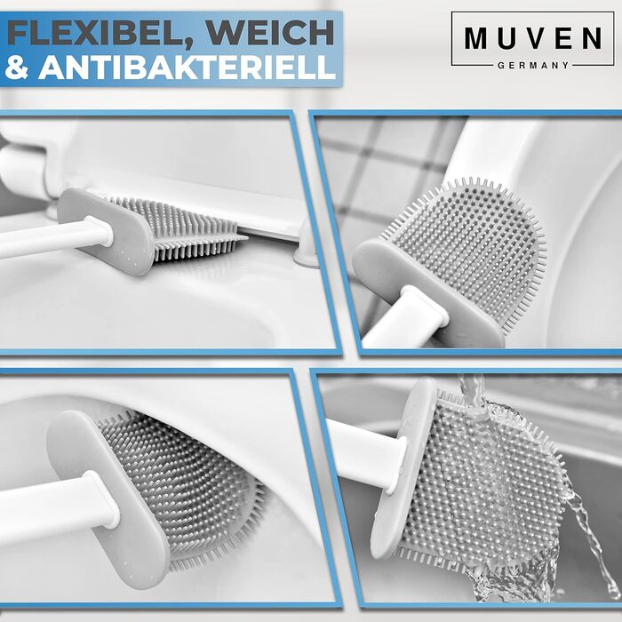 Силіконова щітка для унітазу MUVEN® з плоскою та гнучкою насадкою, швидковисихаючий тримач та гумові виступи - щітка для унітазу на стіну без свердління (білий, матовий)