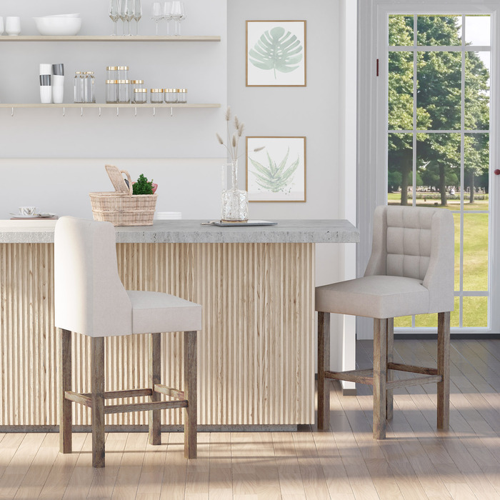 HOMCOM 2-Piece Bar Stool Set with Backrest, Upholstered Button-Tufted Bar Stools, Solid Wood, Includes Footrest, 47 cm x 50 cm x 101 cm, Grey + Natural