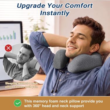 Подушка для подорожей Kobete з ефектом пам'яті (Memory Foam) для шиї в літак, авто та потяг, сіра — набір з 3D-маскою для сну, берушами та сумкою