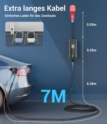 Портативний зарядний пристрій для електромобілів 11 кВт з LCD-дисплеєм, IP65, Schuko, 16A, для EV та PHEV