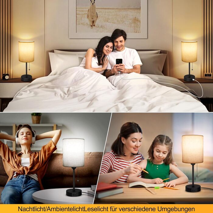 Настільна лампа 2 шт. з USB зарядкою (A+C), LED, тканинний абажур, регулювання кольору, для спальні, вітальні, дитячої, офісу