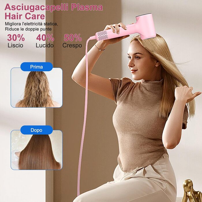 Фен для волосся з плазмою та безщітковим мотором 110 000 об/хв, швидке сушіння, тихий, з магнітною насадкою, для дому та подорожей (Темний, Рожевий)