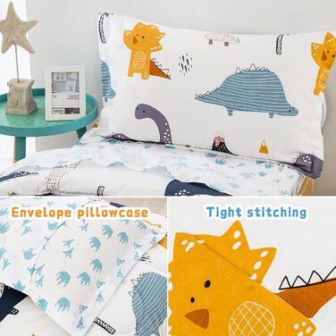 Комплект постільної білизни WONGS для малюків Динозавр, ультрам'яка мікрофібра, 4-частини (простирадло, підковдра, наволочка, простирадло на гумці), розмір для дитячого ліжечка, білий/Оксамитовий сад