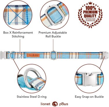 Нашийник для собак Lionet Paws з метеликом, бавовна, металевий замок, XL, 40-66 см, блакитний в клітинку