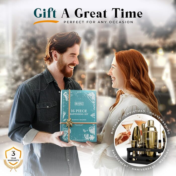 Набір бармена BARE BARREL® для приготування коктейлів | 16 предметів | Шейкер, барний аксесуар, інструменти для дому | 35 рецептів | Подарунковий набір