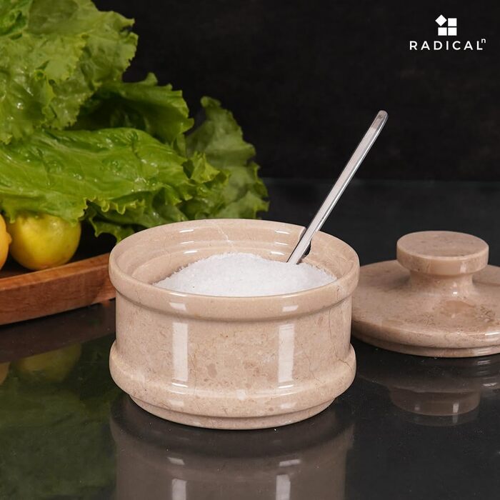 Radical marble salt cellar with lid and spoon, 8.9 cm, handmade, kitchen table decoration, spice jars and spice containers, ideal salt container.
