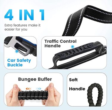 Міцна собача повідка-банджі з двома зручними ручками та автофіксатором, 1,2-1,5 м, чорна