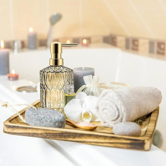 Набір аксесуарів для ванної кімнати з 5 предметів, золото, скло: диспенсер для лосьйону, мильниця, тримач для зубних щіток, стакан, ватні палички. Сучасний дизайн, вінтажний подарунок