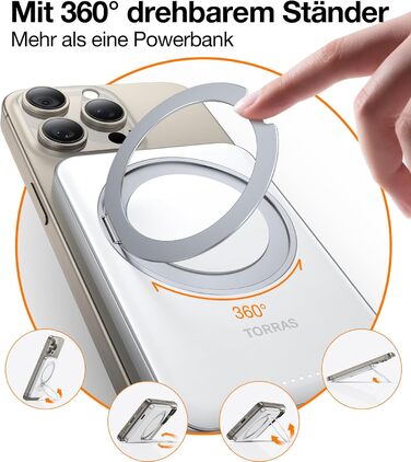 Портативний зарядний акумулятор TORRAS MagSafe 5000mAh з кільцем для iPhone 16/15/14/13/12. Бездротова зарядка, USB-C, швидка зарядка, білий