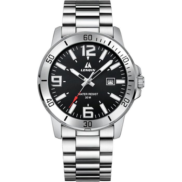 Годинник чоловічий LN LENQIN з нержавіючої сталі, водонепроникний, з датою, кварцовий, аналоговий, бізнес-стиль (сріблястий, чорний)