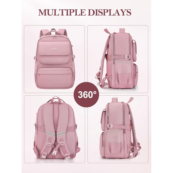 Шкільний рюкзак FIORETTO для дівчаток-підлітків, рюкзак для жінок з відділом для ноутбука 15,6', водонепроникний, легкий, 25L, для школи та подорожей, рожевий