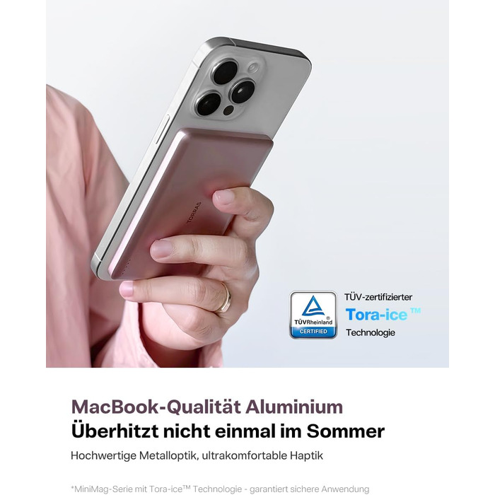 Powerbank TORRAS MiniMag Ultra Slim для iPhone 17 Pro Max: 5000mAh, MagSafe, USB-C, бездротова зарядка, сірий титан/рожевий