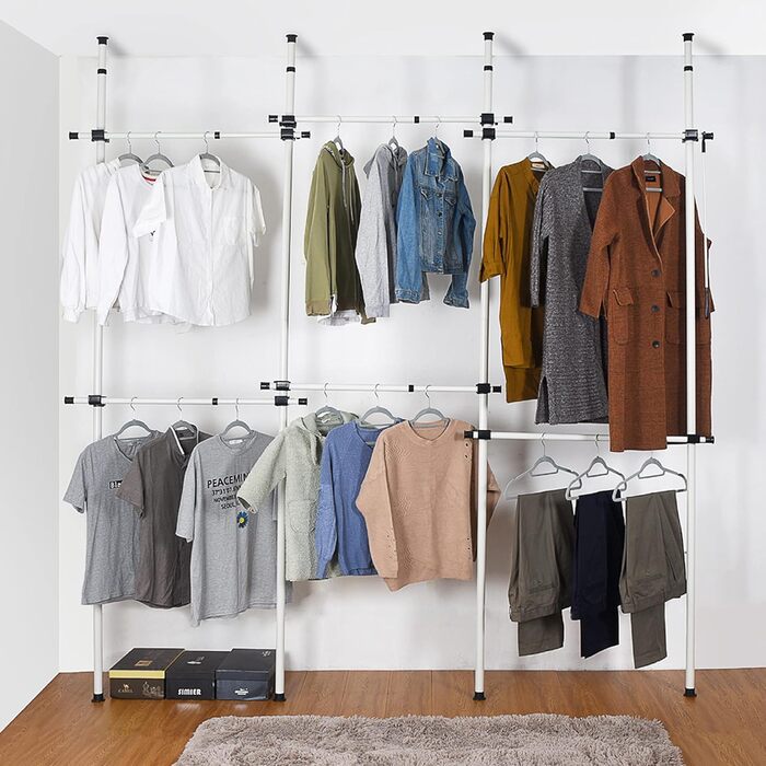 Robust, triple-extendable clothes rod by House of Home – Replacement for closet rod – Adjustable shelf support – Clothes storage