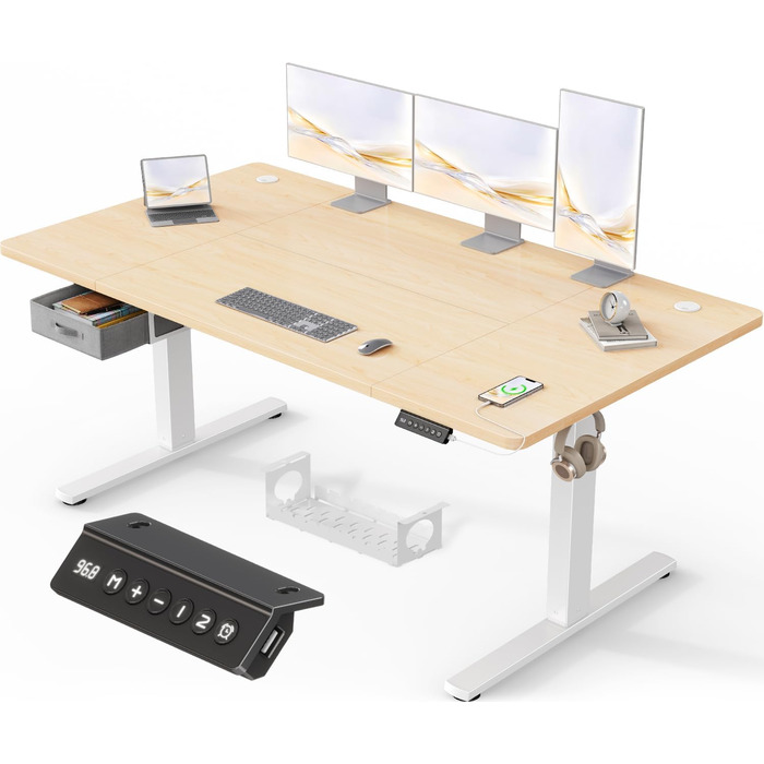 Регульований стіл Devoko 160x80 см з ящиками, USB-порт, органайзер для кабелів, стіл для комп'ютера з 3 функціями пам'яті, білий