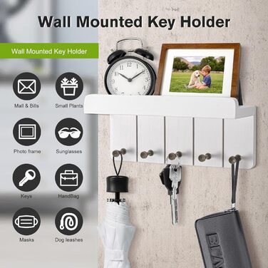 Дерев'яне ключниця з полицею, білий колір, 5 гачків, декоративна настінна полиця для прихожої, кухні, спальні