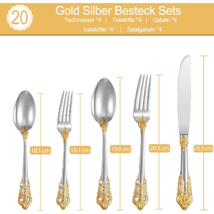 Набір столових приборів Prächtiges Barock 20 предметів з нержавіючої сталі 18/10 (золото-срібло) в подарунковій коробці - виделки, ложки, ножі