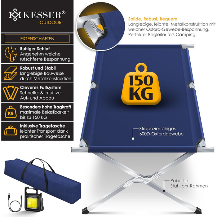 Ліжко туристичне розкладне KESSER® 210 см з сумкою, ліхтарем та кишенями, синій. Витримує 150 кг, сталевий каркас, 600D Oxford