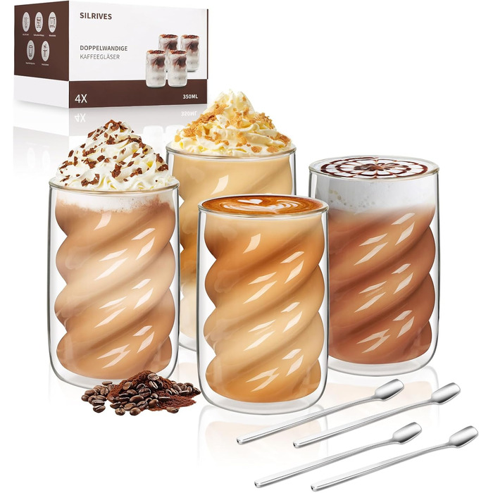 SILRIVES Latte Macchiato Glasses Double-Walled 350ml Set of 4 with 4 Spoons, Borosilicate Glass Coffee Glasses, Insulating, Espresso Cups, Cappuccino Glasses, Iced Coffee, Tea Glasses, Thermos Glasses