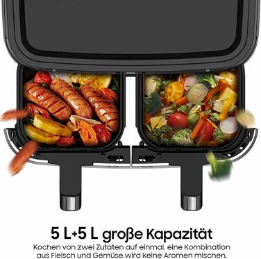 Фритюрниця повітряна подвійна 12л з подвійними камерами, LED-дисплеєм, 10 програмами, функцією сушіння та Dual Cook, 2600W