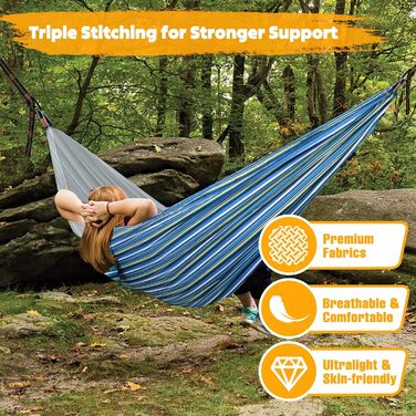 Ніжність у подорожах: Легка туристична гамак NATUREFUN | 300 кг, дихаюча, швидковисихаюча | 2 x карабіни, 2 x петлі | для відпочинку на природі, вдома, в саду (275 x 140 см, блакитно-білий)