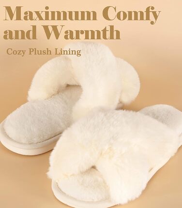 Тапочки жіночі Ankis з плюшу, теплі зимові, з перехресними ремінцями, з піною з пам'яті, відкриті пальці, жіночі пухнасті тапочки для дому та вулиці (білий, чорний, сірий, рожевий, верблюжий) 36/37 EU Білий