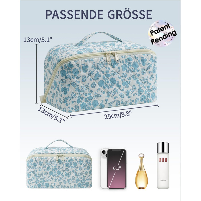 Косметичка для подорожей Wandering Nature для жінок з відділенням для пензликів, водонепроникна, велика, з перегородкою та ручкою (блакитна квітка)