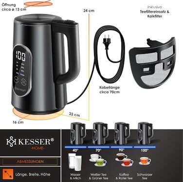 KESSER® Stainless Steel Kettle 1.7 Liter | LED Display | 4-Mode Temperature Setting 40°C-100°C | 30-Minute Keep Warm | Electric Tea Kettle 2200W BPA-Free | Scale Filter & Easy-Open Lid, (Black)