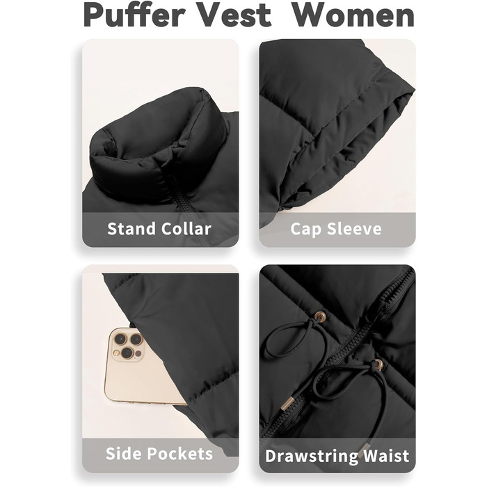 Жіночий великий пуховик ELLEVEN з коміром-стійкою, стьобаний, на блискавці, з кишенями (L, Чорний)