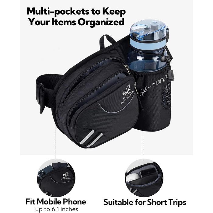 Спортивна поясна сумка Waterfly з тримачем для пляшки, чорна. Для бігу, велоспорту, кемпінгу, подорожей та інших активностей.