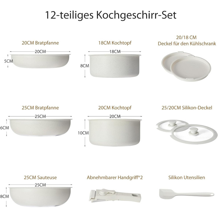 Набір посуду Sweetcrispy 12 предметів з антипригарним покриттям: каструлі, сковороди з знімними ручками (20/26 см, 18/20 см, 26 см) для індукційних плит та духовки, білий