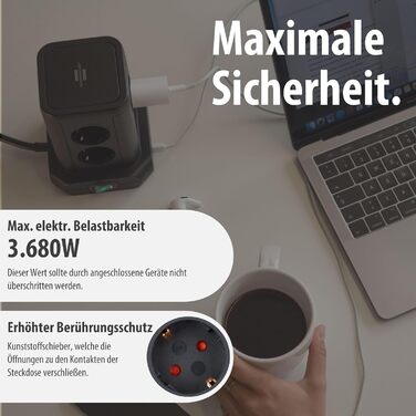 Стеждова тумба Brennenstuhl 8 розеток з USB, чорна (2м кабель)
