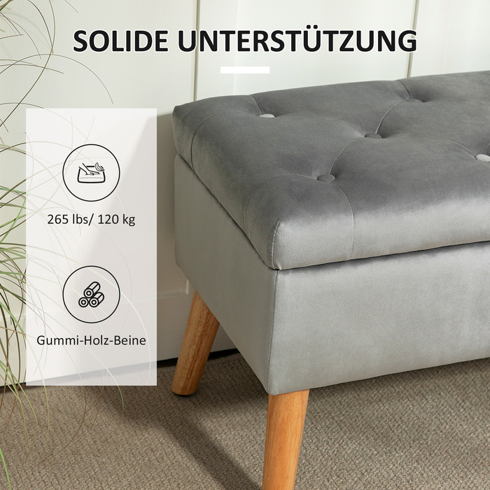 HOMCOM Storage Bench, Upholstered Bench with Lid, Bed Bench with Velvet Look, for Entryway, Bedroom, Living Room, Rubber Wood 102 x 35 x 43 cm Grey | Aosom