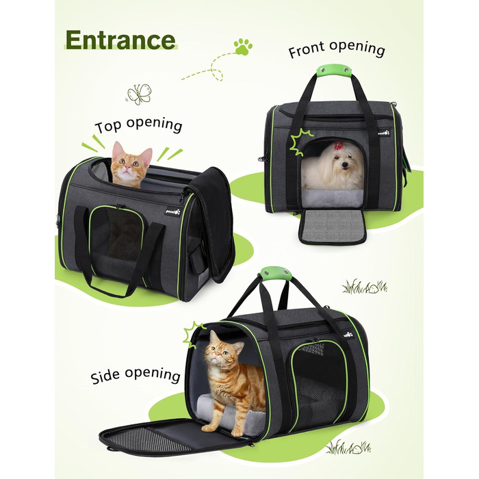 Транспортна переноска для котів Pecute, переноска-ліжко для тварин, складана переноска-сумка для котів та собак, переноска для собак з регульованим плечовим ременем, XL (45 x 35 x 32 см), темно-сірий + зелений (з подушкою)