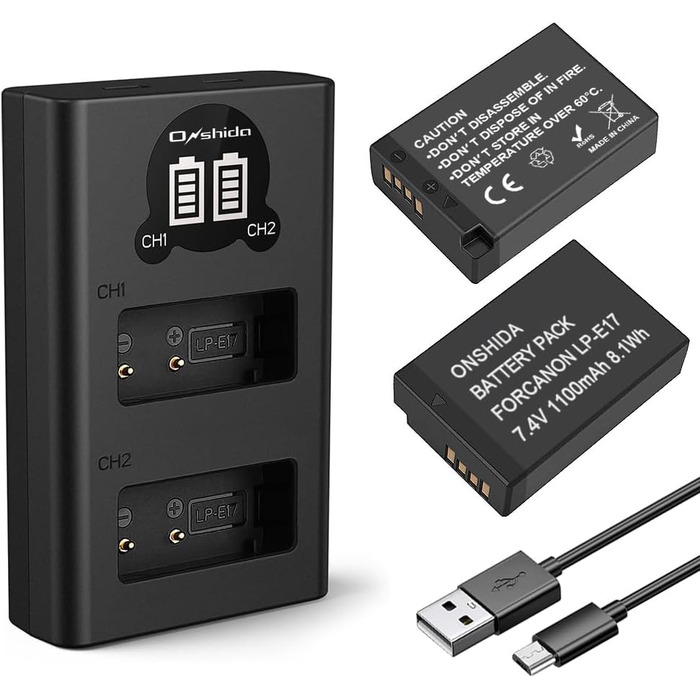 Akku Onshida 2 шт. 1200mAh з зарядним пристроєм для камер Sony ZV-E10, Alpha A6000, A6500, A6300, A5100, A7II, A7RII, A7SII, A7S, A7S2, A7R, A7R2, A3000, A33, A35, A37, A55, RX10, NEX5 (LP-E17)