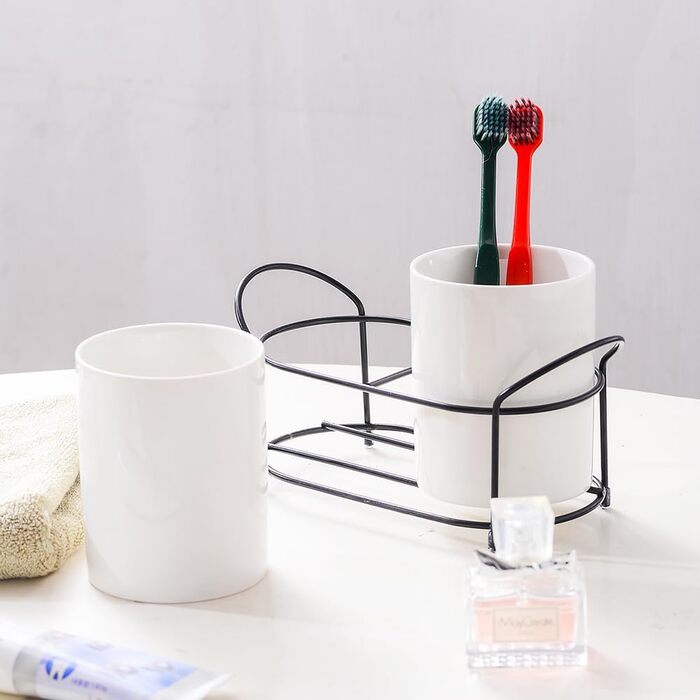 Ceramic toothbrush holder with black frame (white), 2 pieces