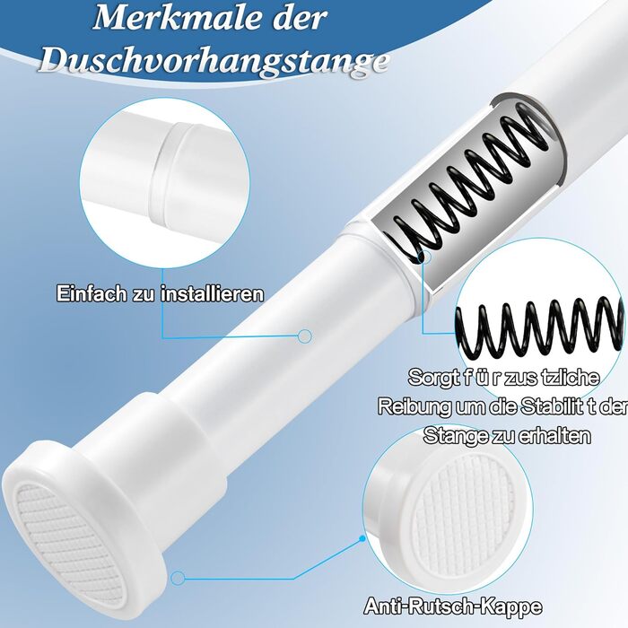 Штанга для душу без свердління 73-224 см, біла. Розсувна штанга для ванної кімнати, душу, вітальні.