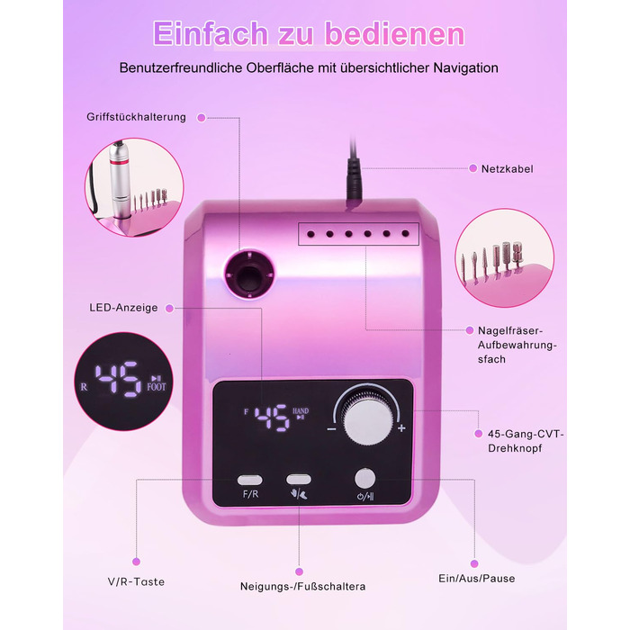 Електричний фрезер для нігтів CozyZen Professional: набір для манікюру та педикюру з LCD-дисплеєм, 45000 об/хв, для акрилу та гелю