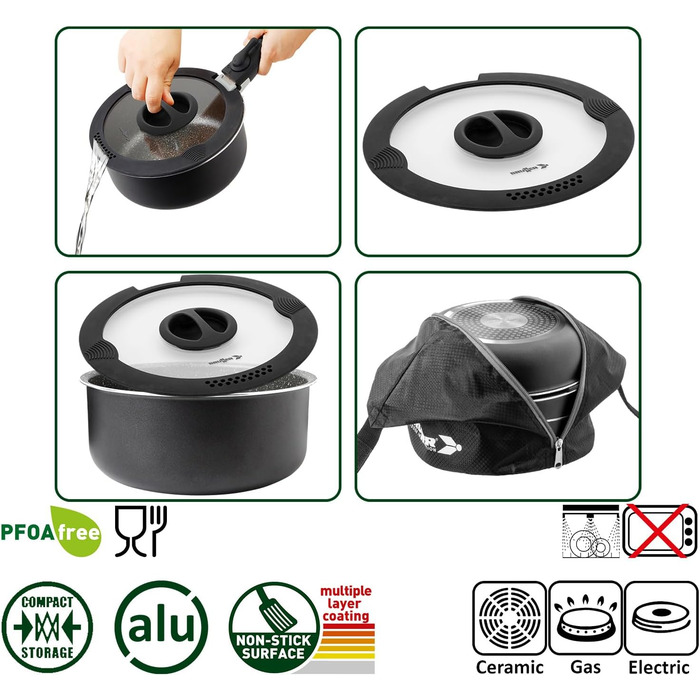 Набір посуду для кемпінгу BRUNNER з алюмінію (каструлі та сковорідки) - діаметр 20, 22, 24, 26 см, Pirate Vakublock, на 4 особи, з покриттям, легкий, високоякісний, стікений, 4+1 частина, міні діаметр 20 см