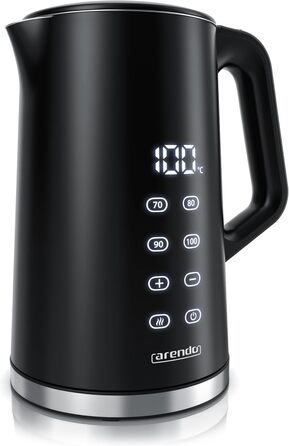 Електричний чайник Arendo з регулюванням температури, нержавіюча сталь, подвійні стінки Cool Touch, дисплей, бездротовий, 2200 Вт, 1,7 л, захист від перегріву, функція підтримання тепла, чорний