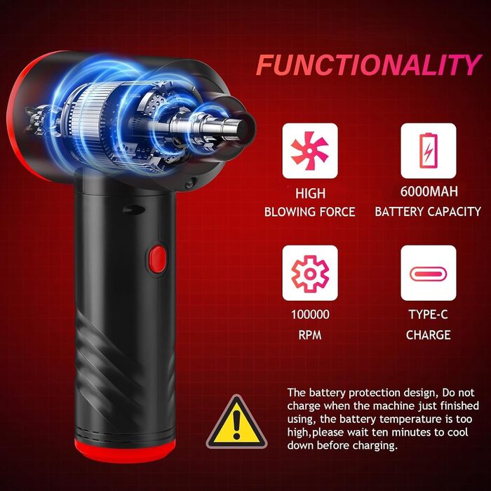 Електричний пилосос для повітряного продування BUDOCI, 3 швидкості, 100000 об/хв, 6000 mAh, з LED-підсвічуванням, для чищення ПК, клавіатури, диванів, офісної техніки, авто (чорно-червоний)