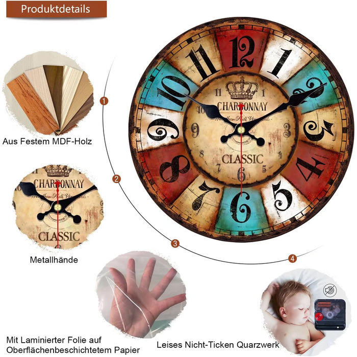 VIKMARI Quartz Wall Clock Wood Silent Hanging Clock, Battery-Powered Round Rustic Clock, Easy to Read Vintage Interior Wall Clock |Colorful Arabic Numerals|14