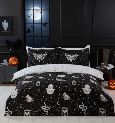 Комплект постільної білизни Rapport Home Gothic Magic з мікрофібри, двосторонній дизайн зі сузір'ями, готичний стиль для Хелловіна, King Size, чорний