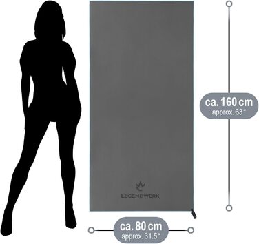 Рушник мікрофібри Legendwerk® 160x80 см – швидковисихаючий, компактний – для подорожей, фітнесу, міста та відпочинку на природі – легкий, стильний, з сумкою та петлею для підвішування, сірий, 1 шт.